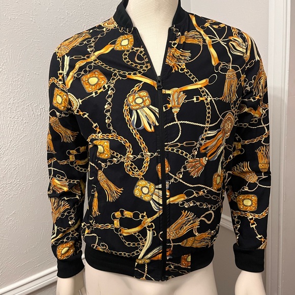 Versace Inspired Black and Gold Chain Print Jacket - Picture 1 of 6
